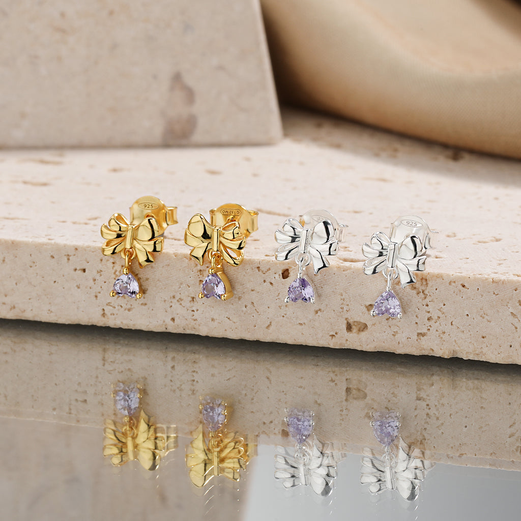 Sweet Bow-Knot with Heart CZ Drops 925 Sterling Silver Stud Earrings