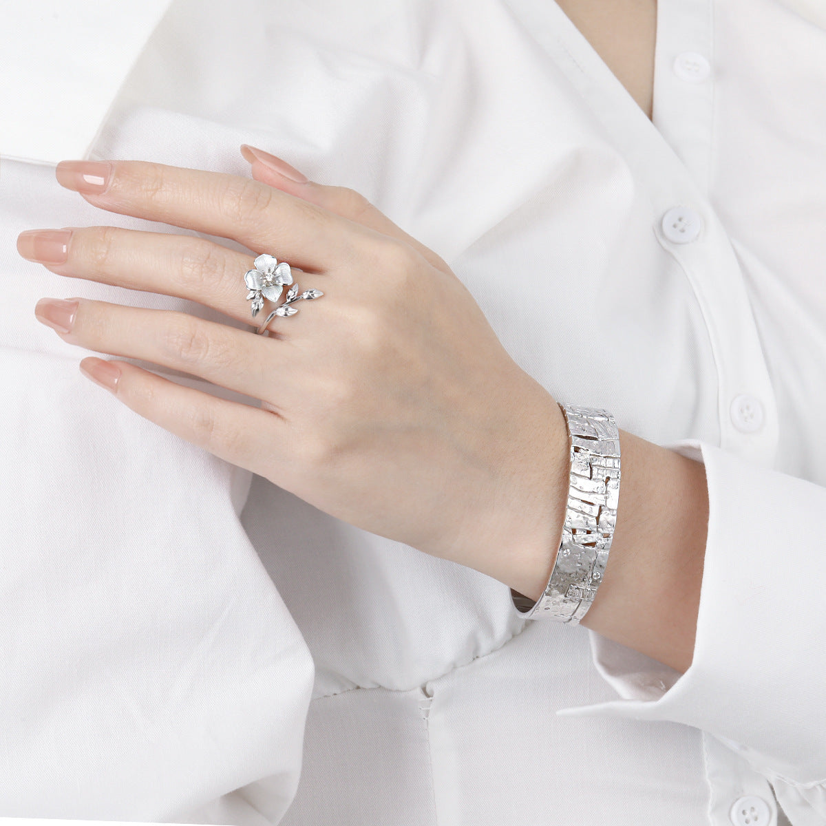 Women Beautiful Rose Flower 925 Sterling Silver Adjustable Ring