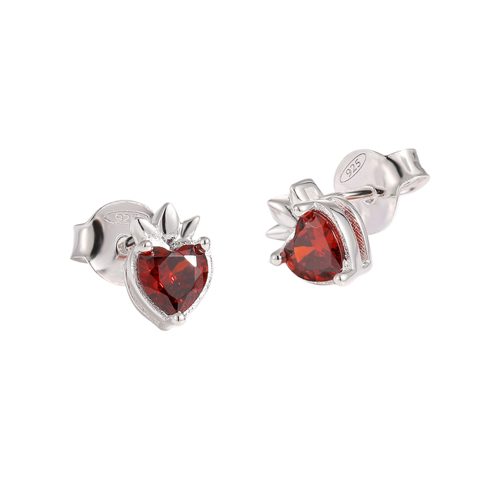 Beautiful Red CZ Heart Crown 925 Sterling Silver Stud Earrings
