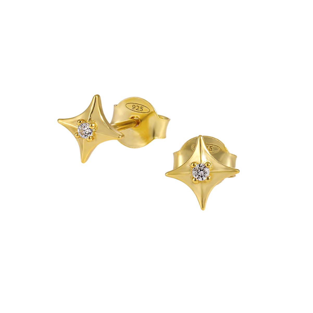 Office Shining CZ Four Pointed Star 925 Sterling Silver Stud Earrings