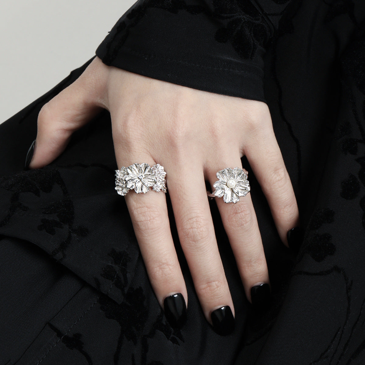 Women Beautiful CZ Flowers 925 Sterling Silver Adjustable Ring