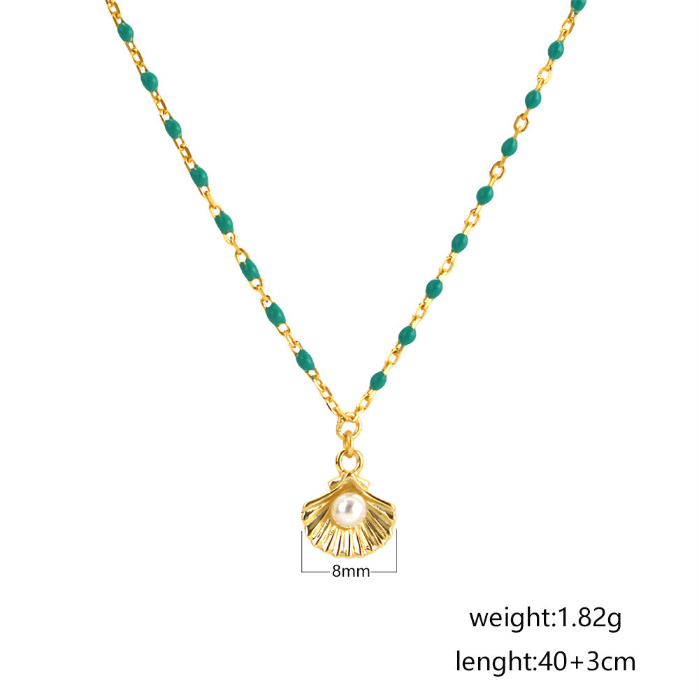 Holiday Gift Round Natural Pearl Shell Green Epoxy Chain 925 Sterling Silver Necklace