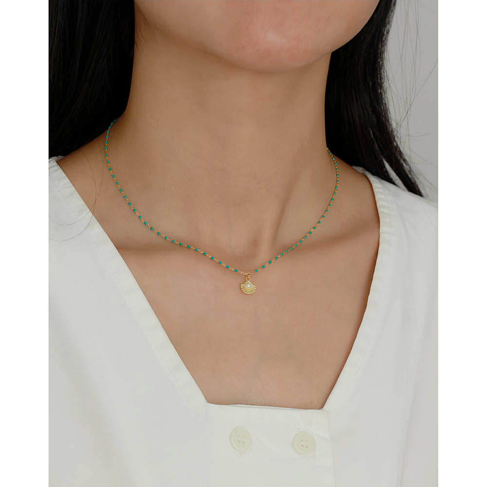 Holiday Gift Round Natural Pearl Shell Green Epoxy Chain 925 Sterling Silver Necklace