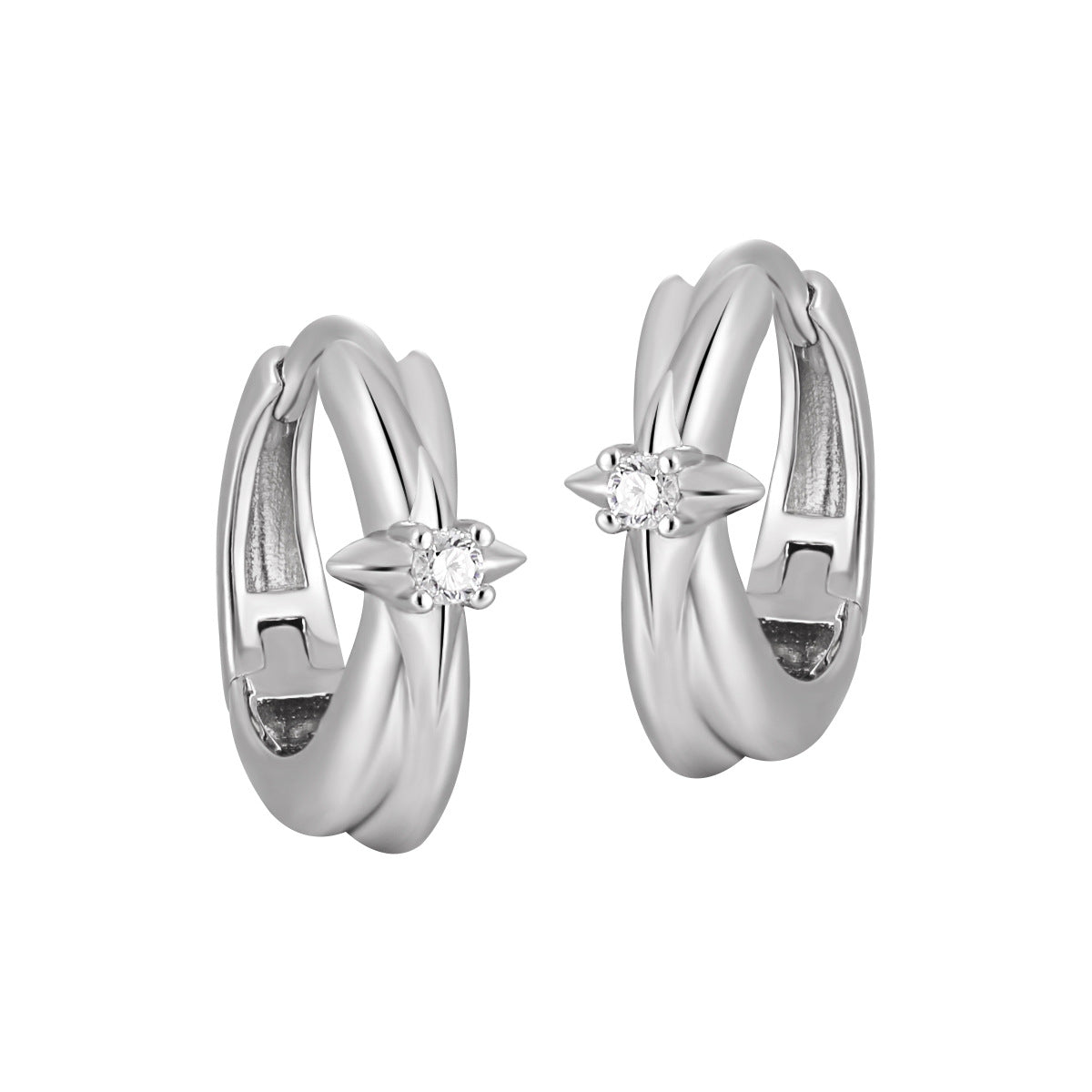 Graduation Simple CZ Shining Star 925 Sterling Silver Hoop Earrings