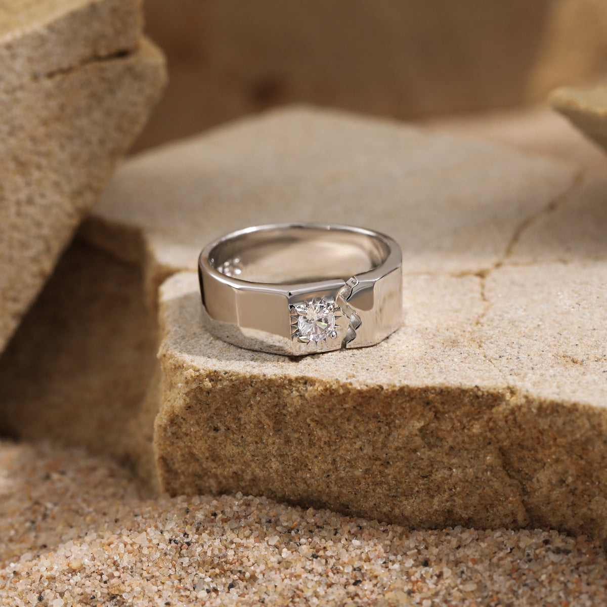 Men's Irregular Borken Pattern CZ 925 Sterling Silver Adjustable Ring