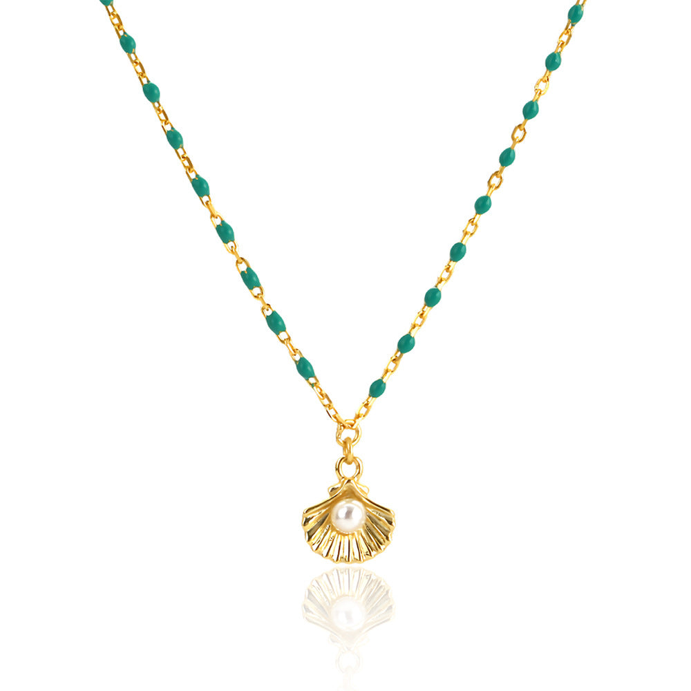 Holiday Gift Round Natural Pearl Shell Green Epoxy Chain 925 Sterling Silver Necklace
