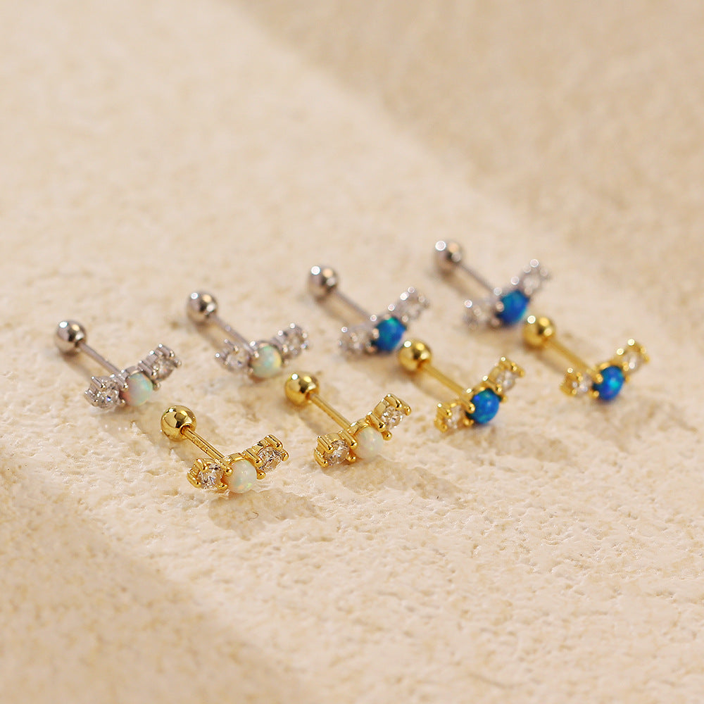 Office Simple Round Natural Opal 925 Sterling Silver CZ Stud Earrings