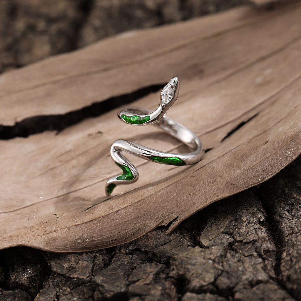 Fashion Animail Green Epoxy Snake 925 Sterling Silver Adjustable Ring