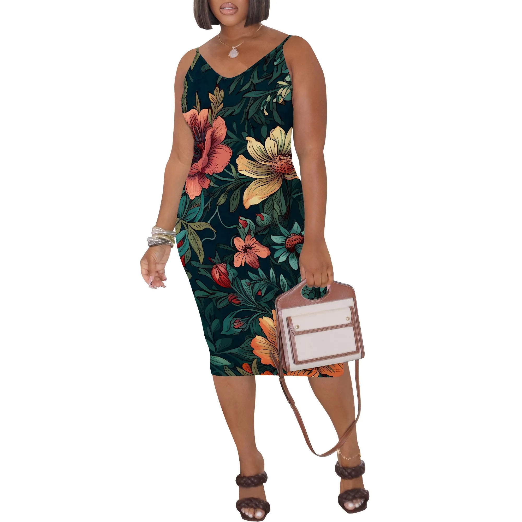 Summer Floral Spaghetti Strap Bodycon Midi Dress for Women Sexy Sleeveless Sundress Beach Vacation Wear