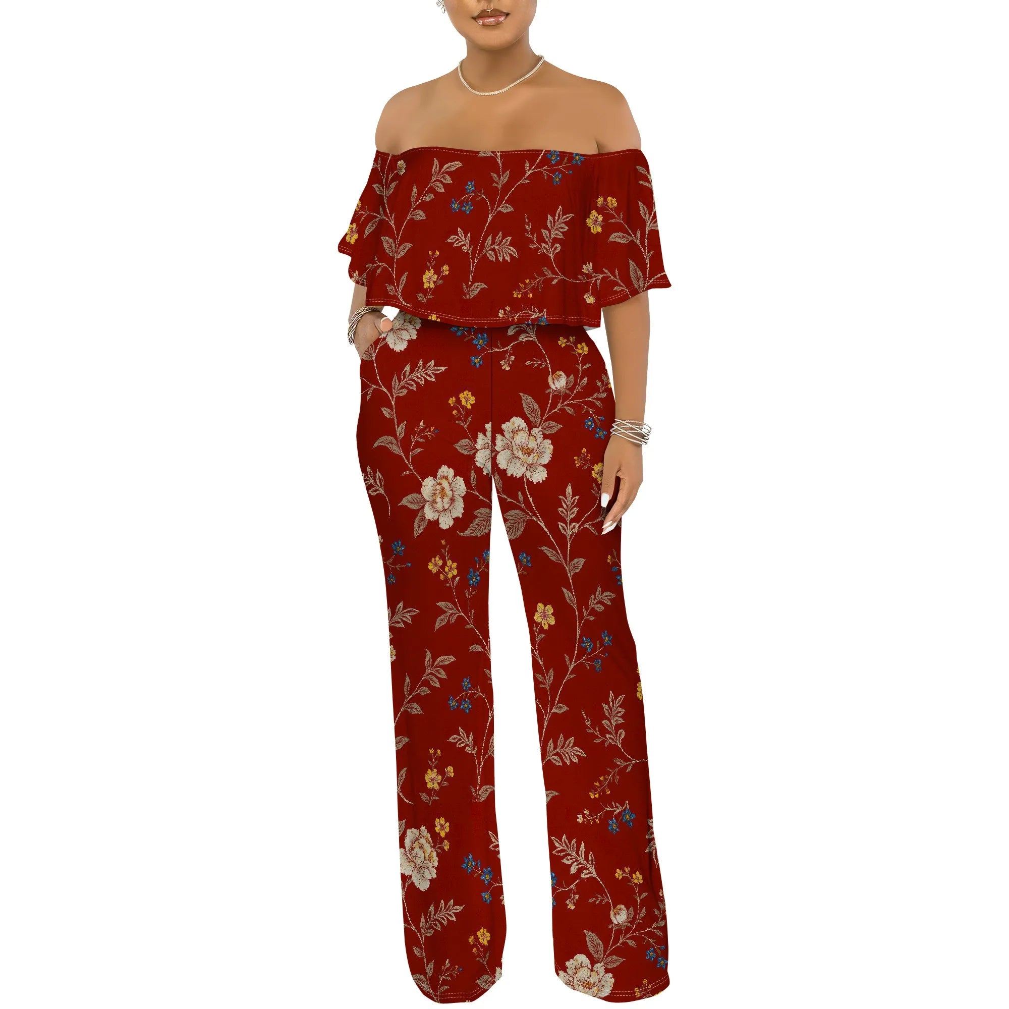 Off Shoulder Tube Top Ruffle Floral Print Jumpsuits for Women Wide Leg Pants Club Party Outfits Jumpsuit with Pockets