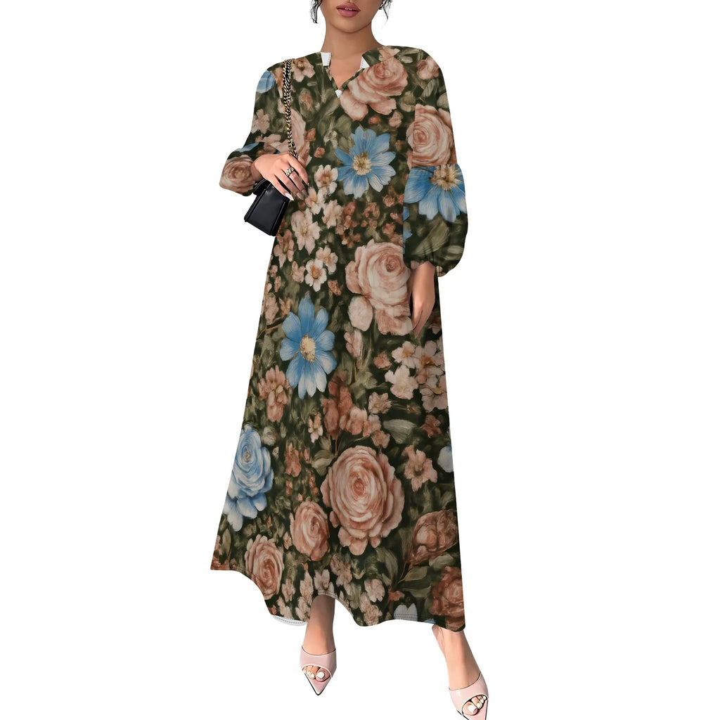 Women's Summer Boho Floral Long Sleeve V-Neck Midi Dress Casual Loose Colorful Beach Vacation Dress with Pockets