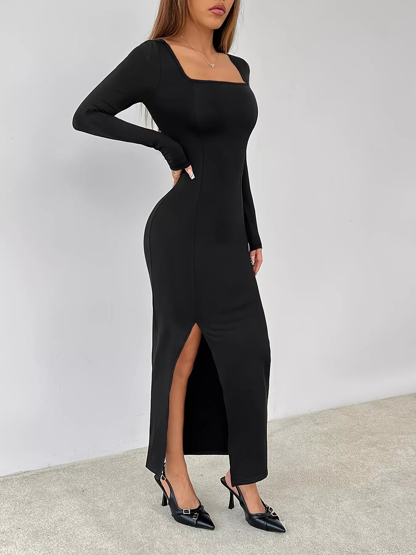 Square Neck Long Sleeve Slit : Bodycon Maxi Dress