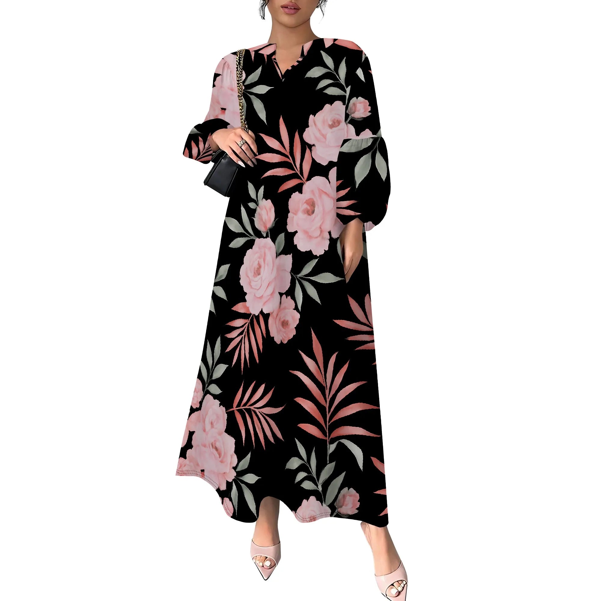 Women's Summer Boho Floral Long Sleeve V-Neck Midi Dress Casual Loose Colorful Beach Vacation Dress with Pockets
