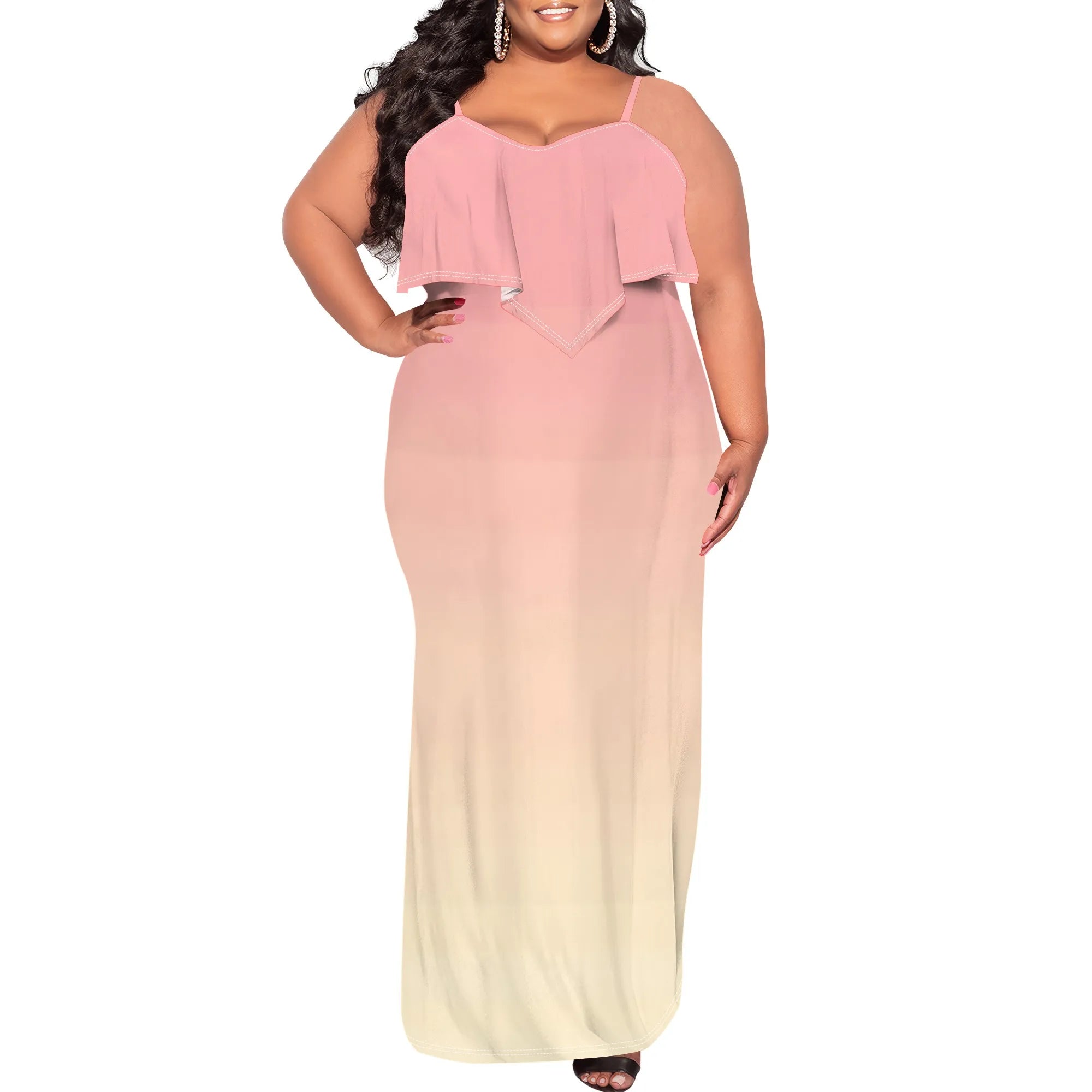 Womens Sexy Plus Size Sleeveless Spaghetti Strap Stripes Printed Ruffles Party Clubwear Dress