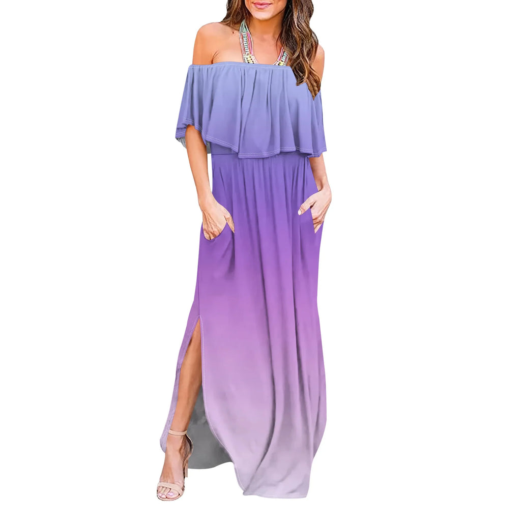 Womens Off The Shoulder Ruffle Party Dresses Side Split Beach Maxi Dress