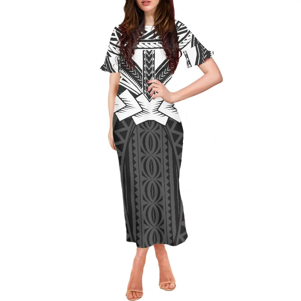 Summer Flowers Polynesian Tiare Monoi Tattoo Dress Hawaiian Style Women's Ruffle Short Sleeve Dress Casual Clothing