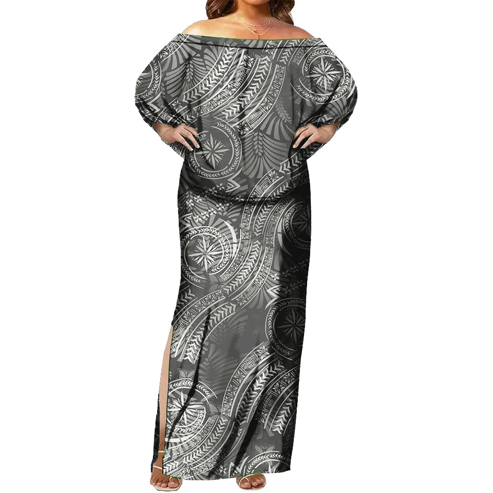 Vestido maxi ajustado con hombros descubiertos, sin mangas, sexy, con diseño tribal de Tapa, estampado floral tropical, moda polinesia. 