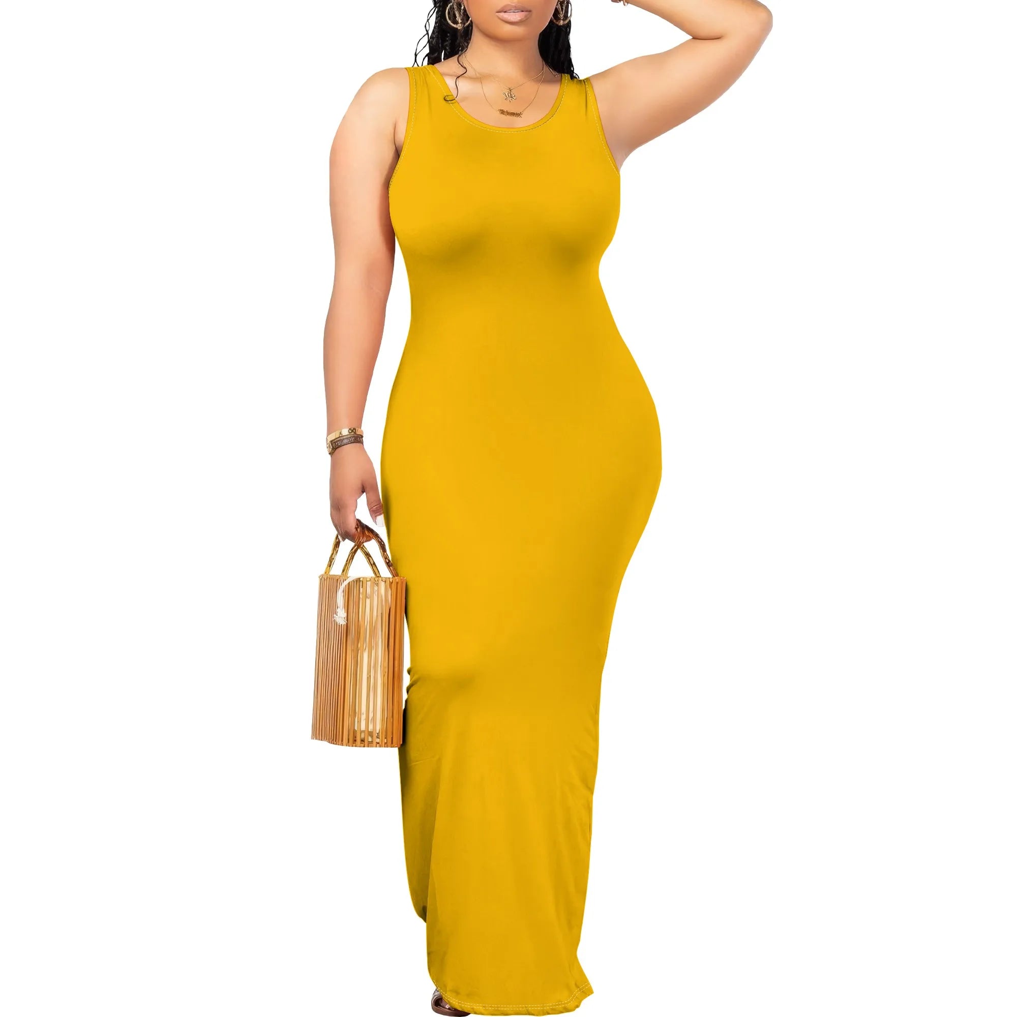 Women's Sexy Bodycon Maxi Dress Ribbed Lounge Tank Long Dresses Elegant Scoop Neck Casual Sleeveless Summer Wrap Sundress
