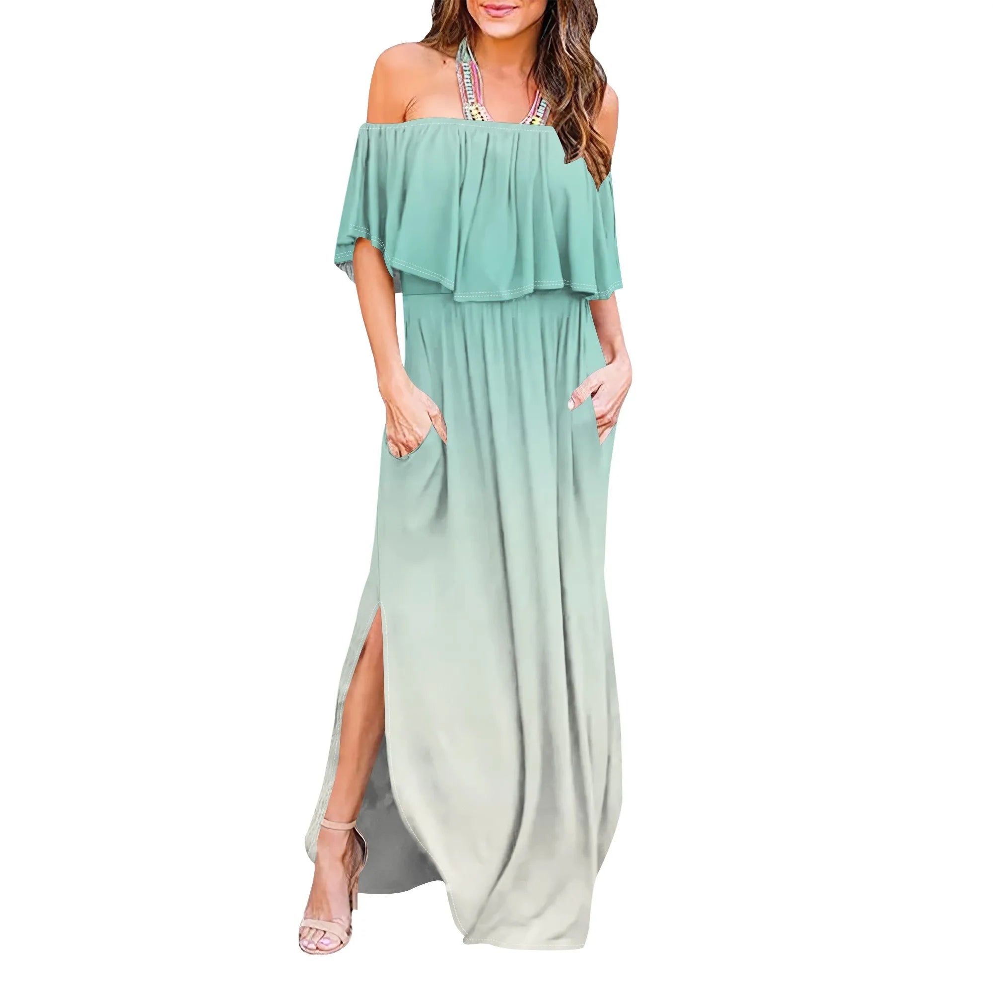 Womens Off The Shoulder Ruffle Party Dresses Side Split Beach Maxi Dress
