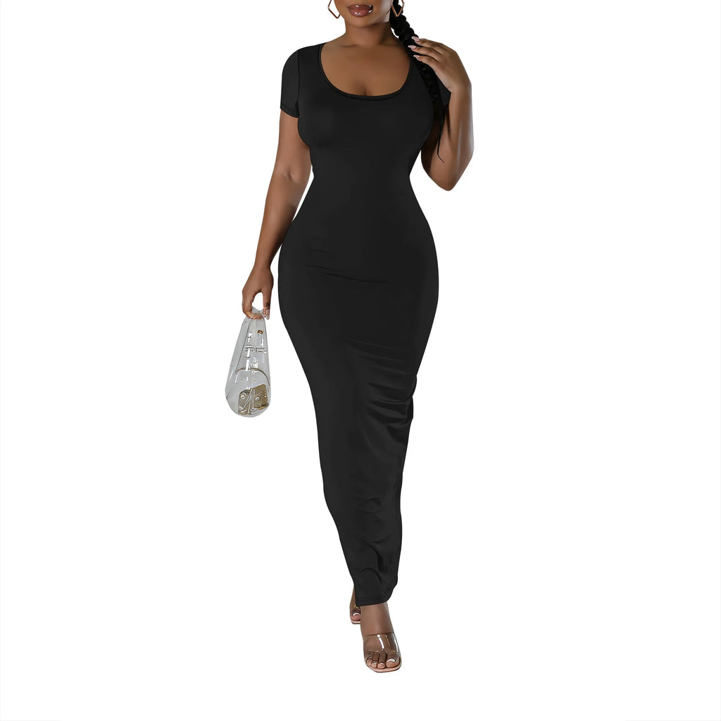 Vestido de verano de manga corta para mujer, sexy, ajustado, con escote redondo, elegante, informal, ajustado, maxi, para fiesta y club. 