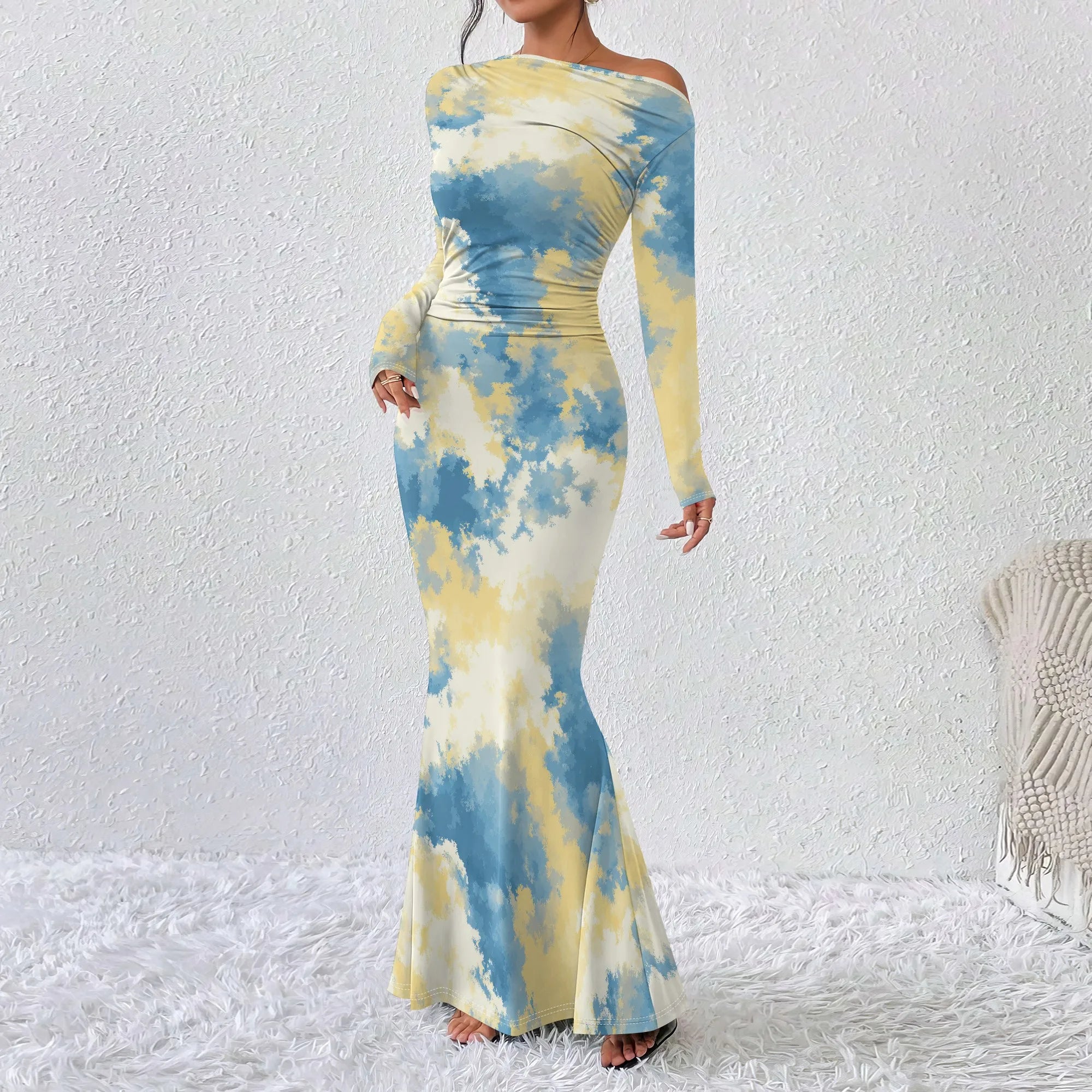 Vestido largo ajustado con cuello redondo y fruncido para mujer, manga larga, corte entallado, elegante, acampanado, para noche, cóctel o fiesta. 