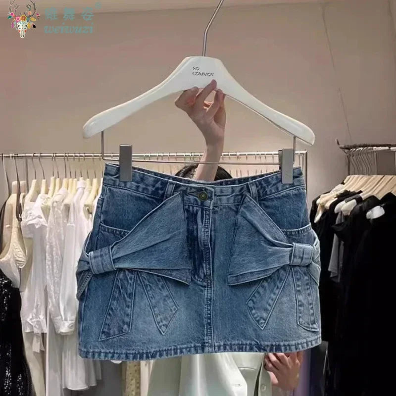 Elegant Women's High Waist Denim Short Skirt Kawaii Bows Sexy Party Mini Jean Skirts Slim Streetwear Y2K Skirt Summer Streetwear