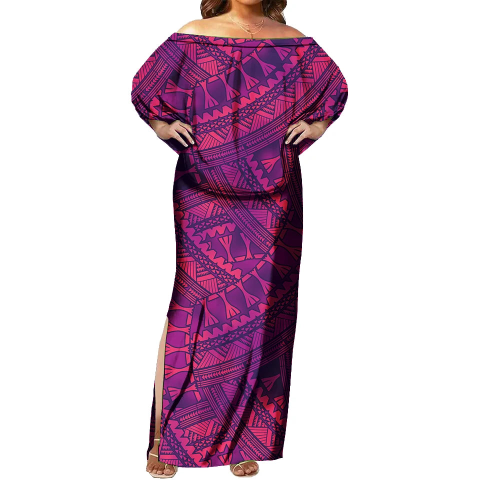 Vestido maxi ajustado con hombros descubiertos, sin mangas, sexy, con diseño tribal de Tapa, estampado floral tropical, moda polinesia. 