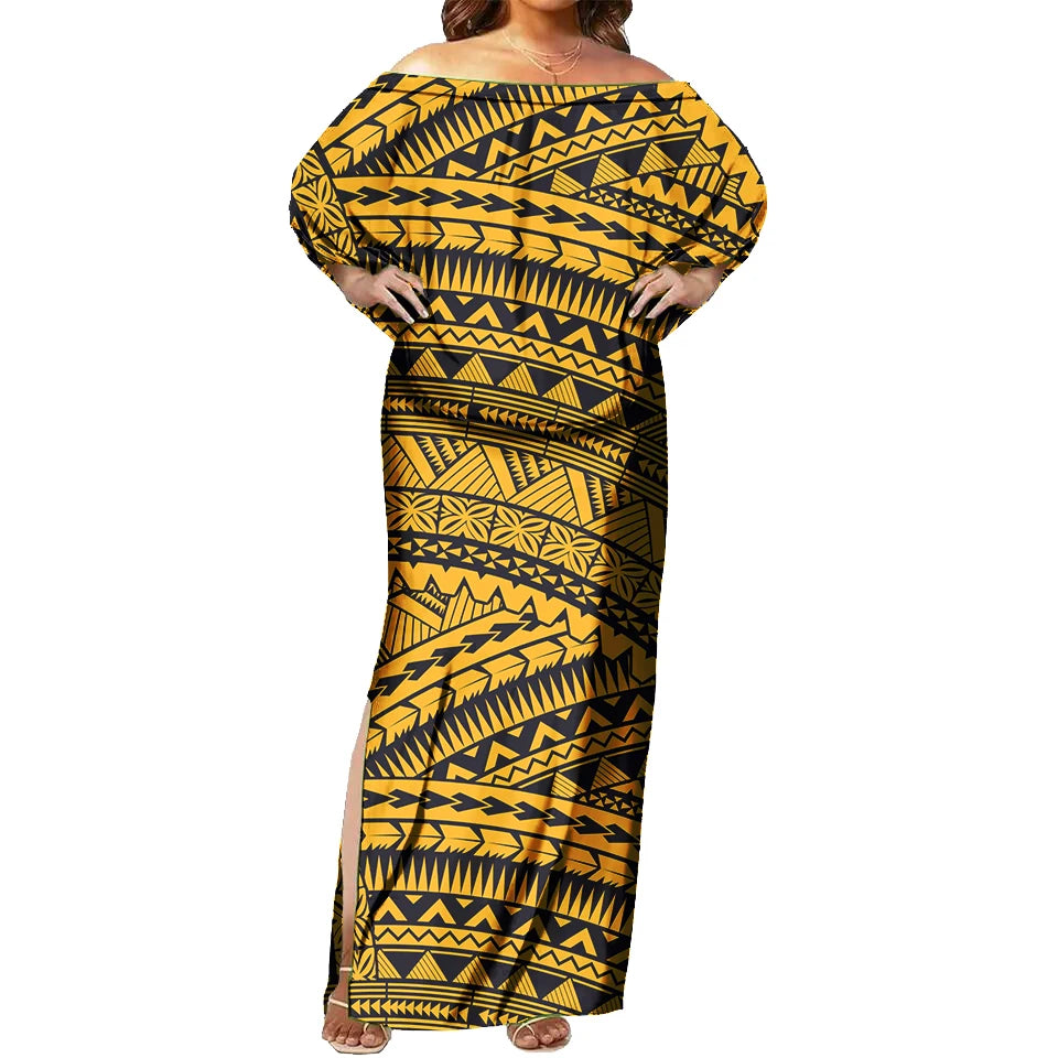 Vestido maxi ajustado con hombros descubiertos, sin mangas, sexy, con diseño tribal de Tapa, estampado floral tropical, moda polinesia. 