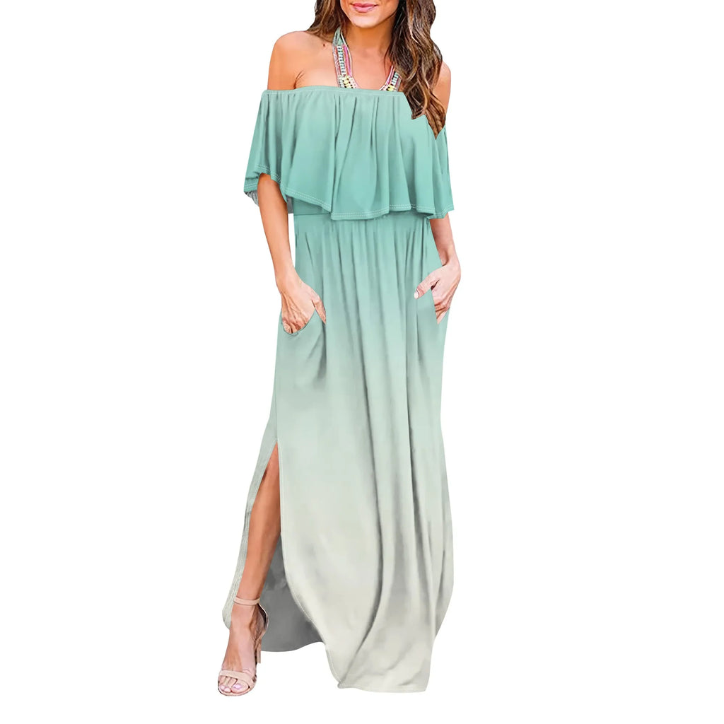 Womens Off The Shoulder Ruffle Party Dresses Side Split Beach Maxi Dress