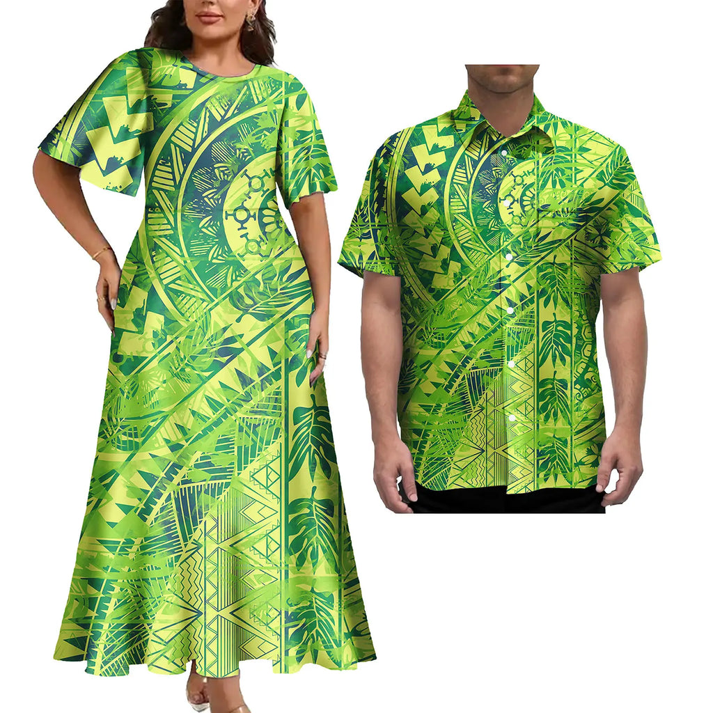 Vestido informal de talla grande para mujer con estampado tropical polinesio, estilo isleño, con camisa hawaiana a juego para hombre. 