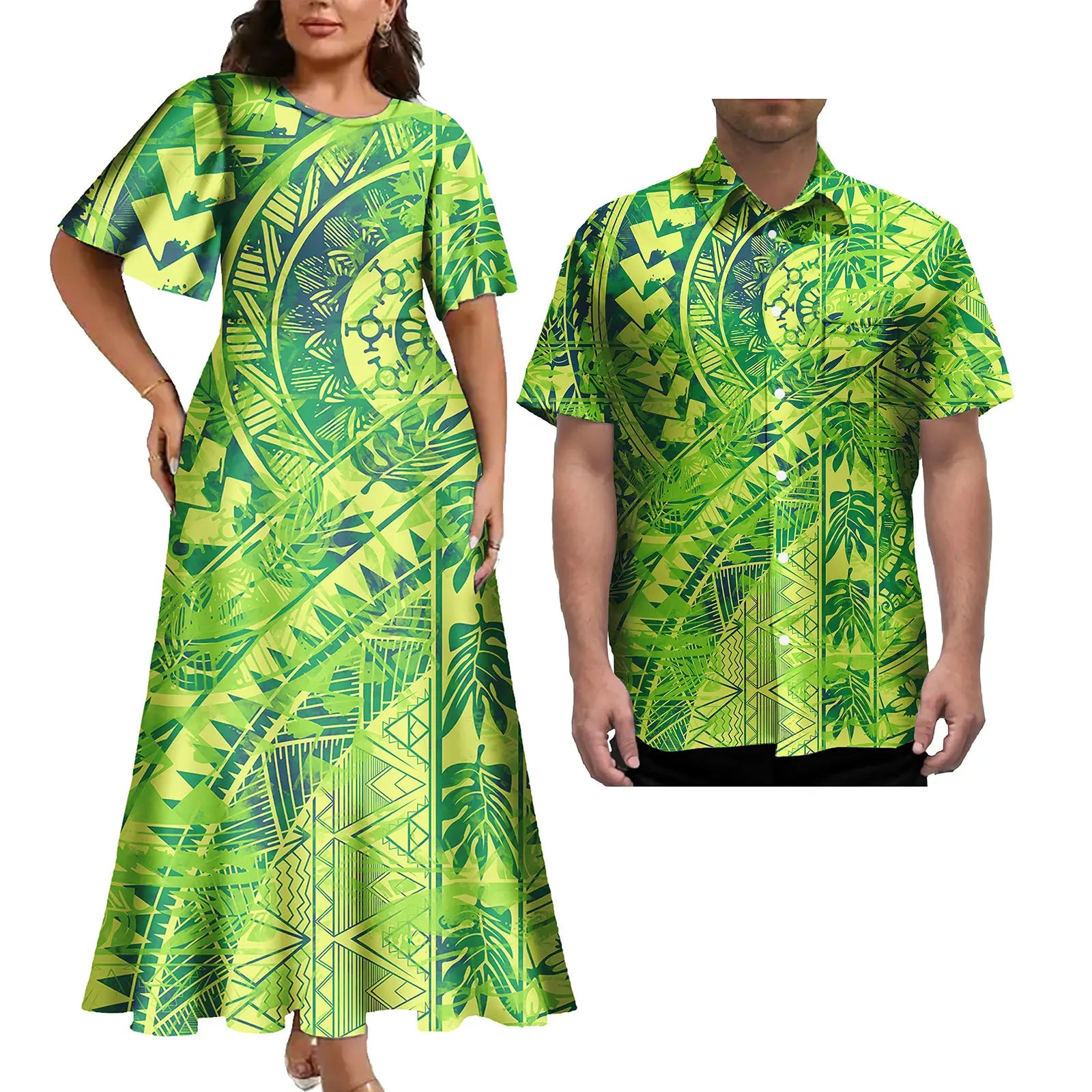 Latest Plus Size Couple Clothing Polynesian Tropical Print Women's Casual Dress Island Style With Matching Men's Hawaiian Shirt