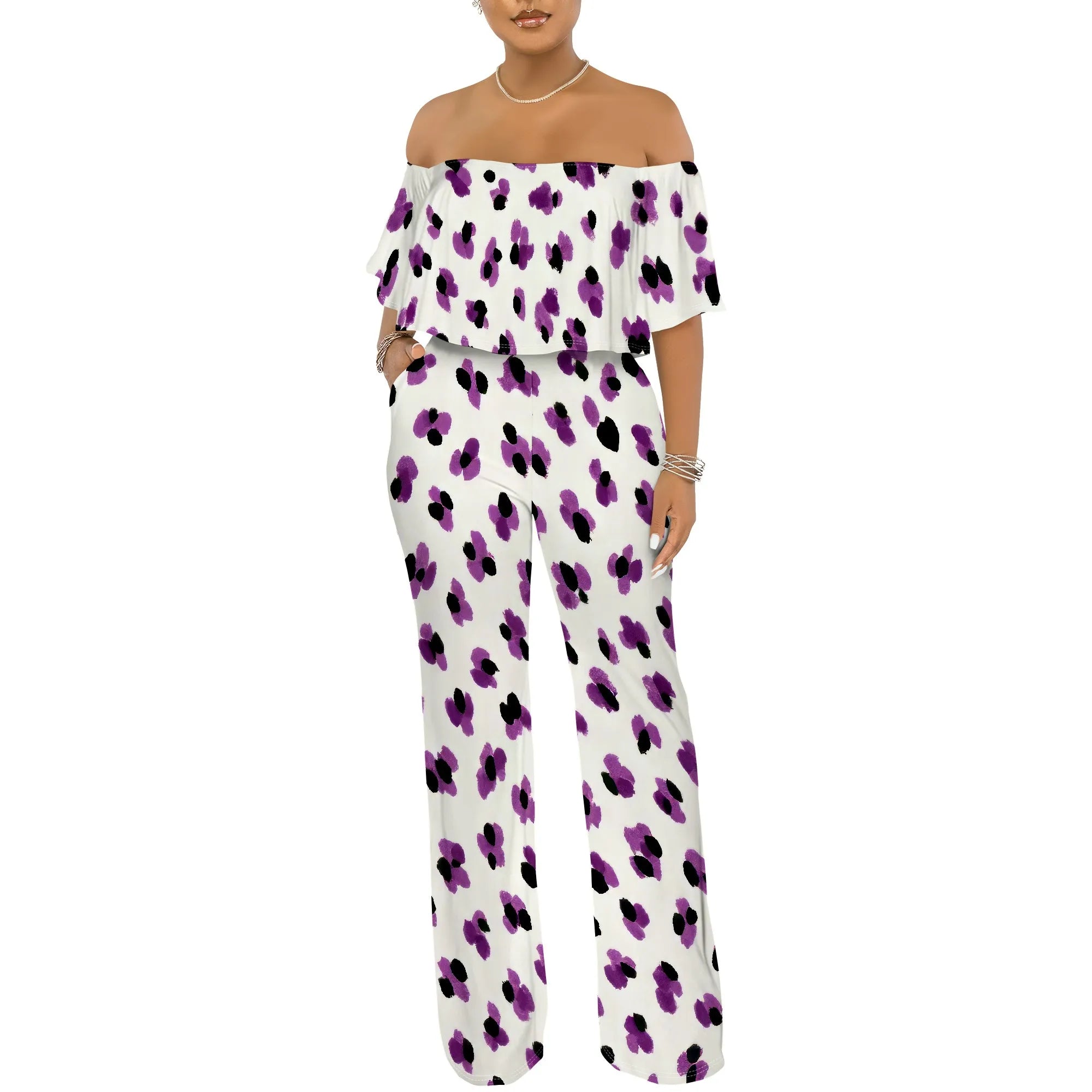 Off Shoulder Tube Top Ruffle Floral Print Jumpsuits for Women Wide Leg Pants Club Party Outfits Jumpsuit with Pockets