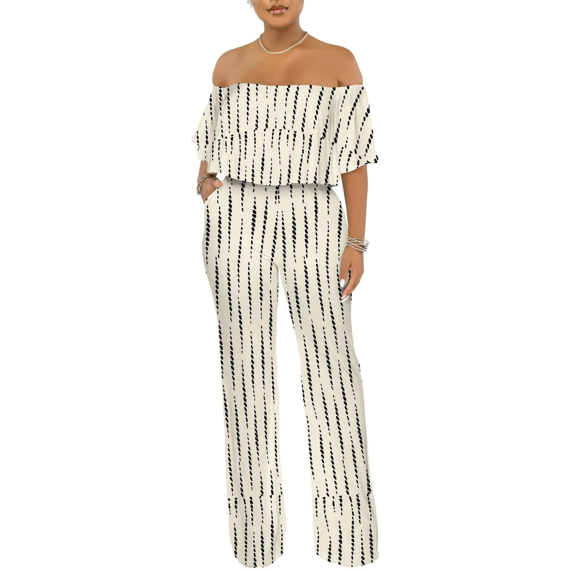 Off Shoulder Tube Top Ruffle Floral Print Jumpsuits for Women Wide Leg Pants Club Party Outfits Jumpsuit with Pockets