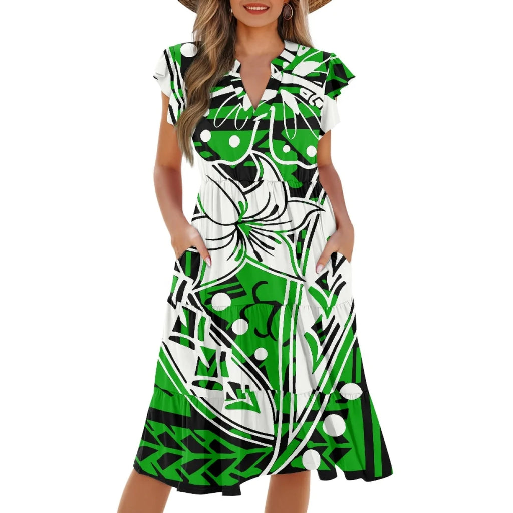 New Arrival Purple Polynesian Tiare Flower Dress Fashion Elegant Hawaiian Women Deep V Neck Pocket Waist Splicing Dress