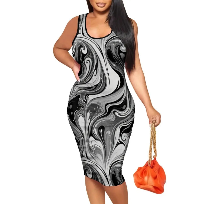 Women's Summer Casual Sexy Tank Bodycon Dress U Neck Wrap Sleeveless Midi Club Party Dress Floral Print Pencil Dress