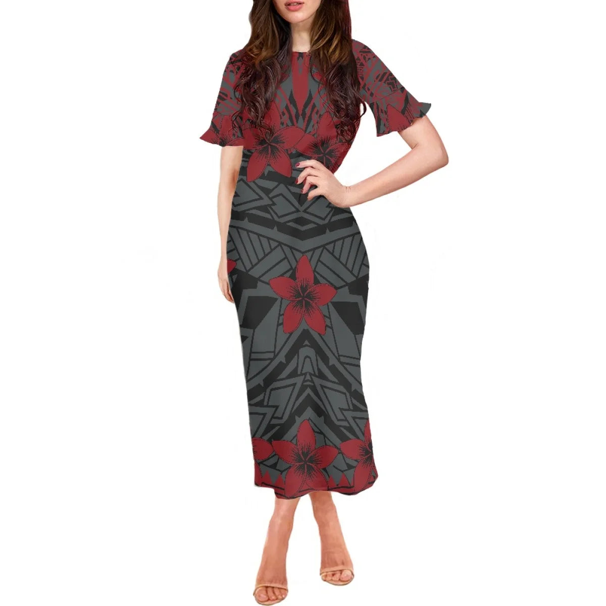 Summer Flowers Polynesian Tiare Monoi Tattoo Dress Hawaiian Style Women's Ruffle Short Sleeve Dress Casual Clothing