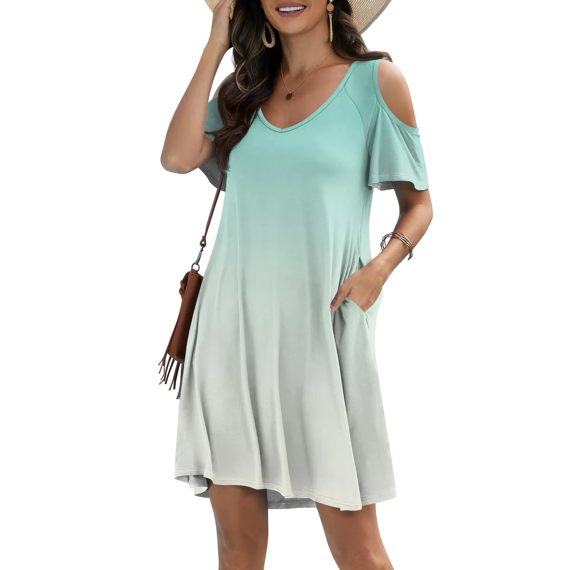 Womens Plus Size Short Sleeve Cold Shoulder V Neck T-Shirt Dress with Pockets