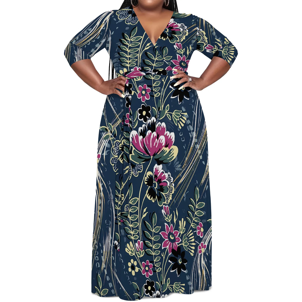 Plus Size Women's V-Neck Half Sleeve Abstract Floral Maxi Dress Elegant Summer Vacation Dress