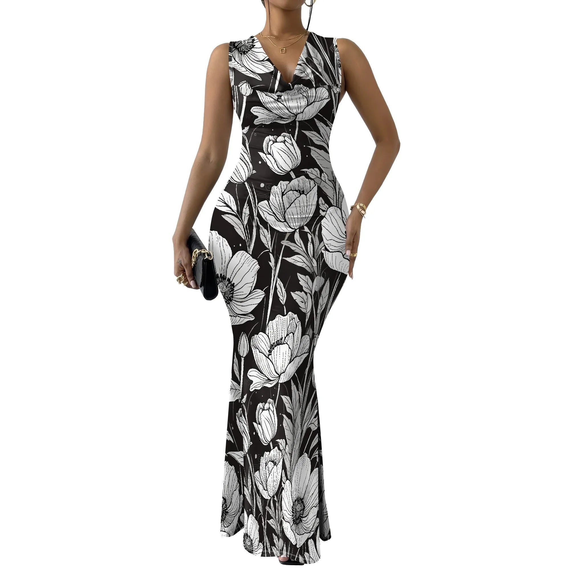 Vestido ajustado sin mangas con escote en V sexy para mujer, elegante e informal, con falda tubo, estampado floral, para cóctel y noche larga 