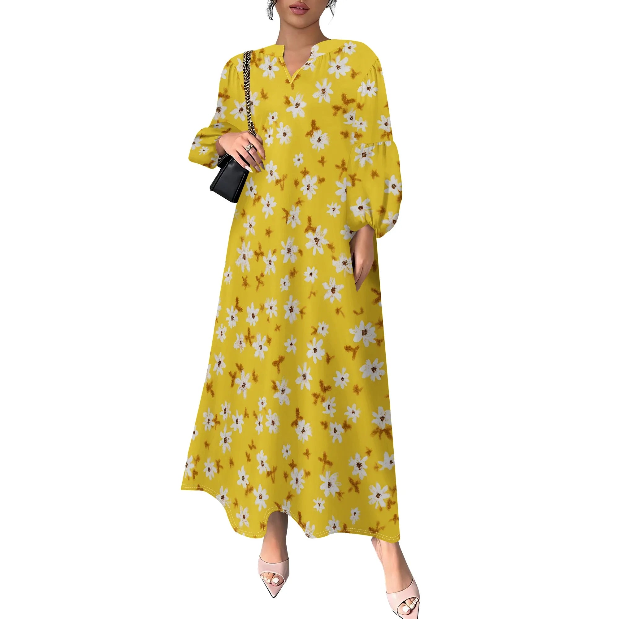 Women's Summer Boho Floral Long Sleeve V-Neck Midi Dress Casual Loose Colorful Beach Vacation Dress with Pockets