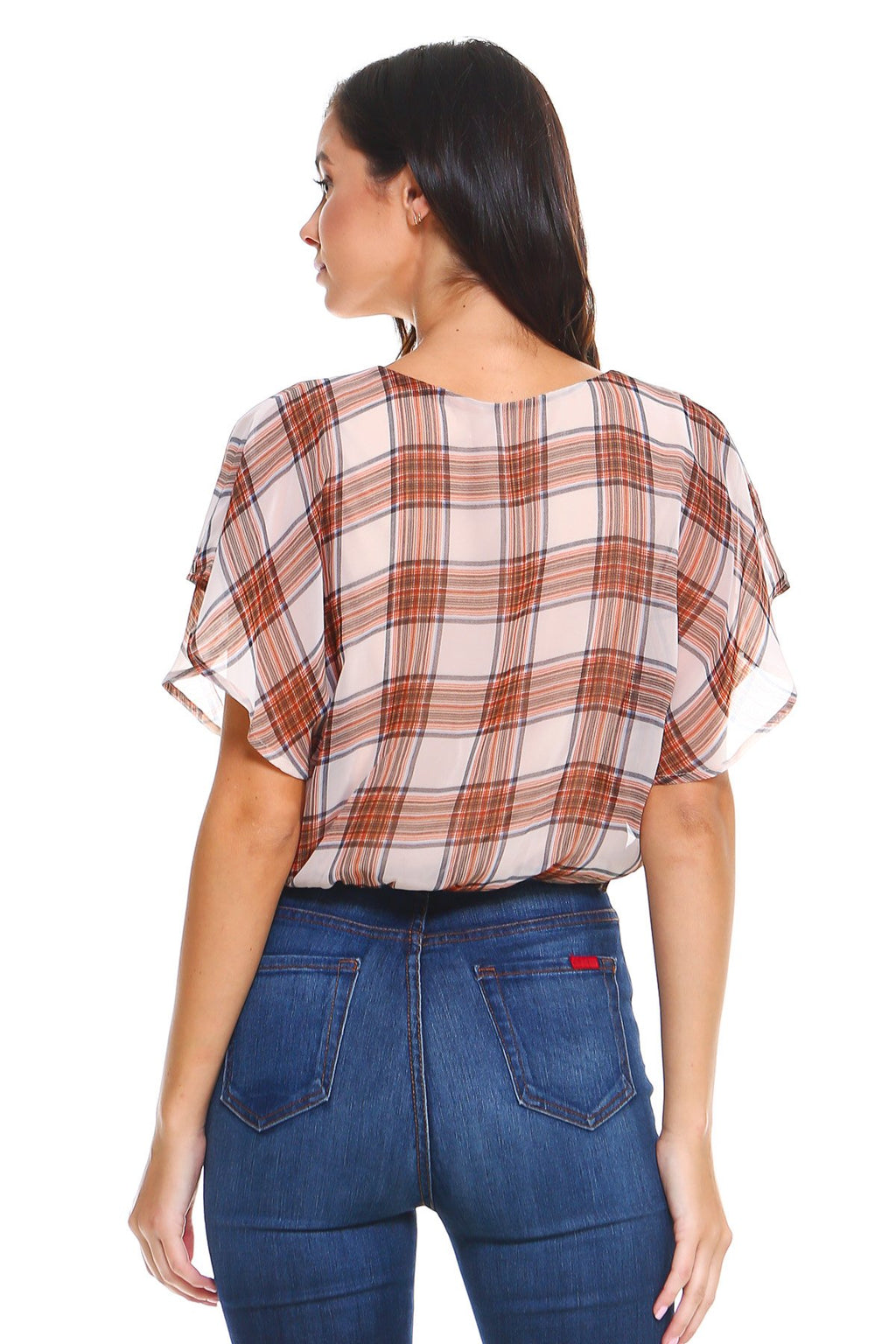 Blusa a cuadros con cuello en V y mangas con vuelo