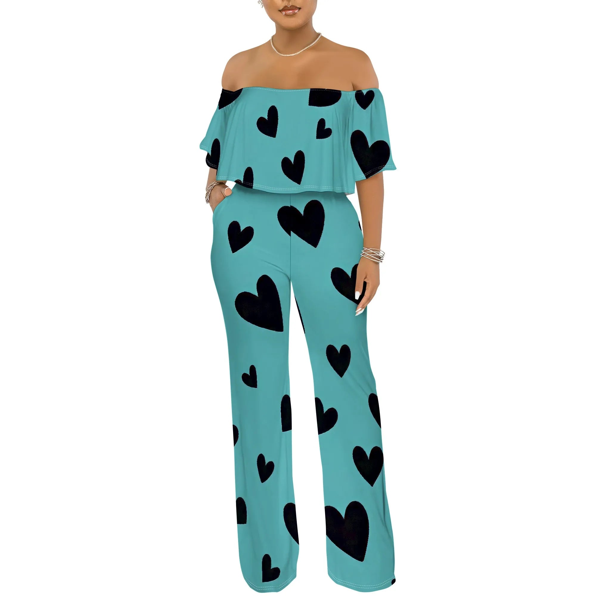 Off Shoulder Tube Top Ruffle Floral Print Jumpsuits for Women Wide Leg Pants Club Party Outfits Jumpsuit with Pockets