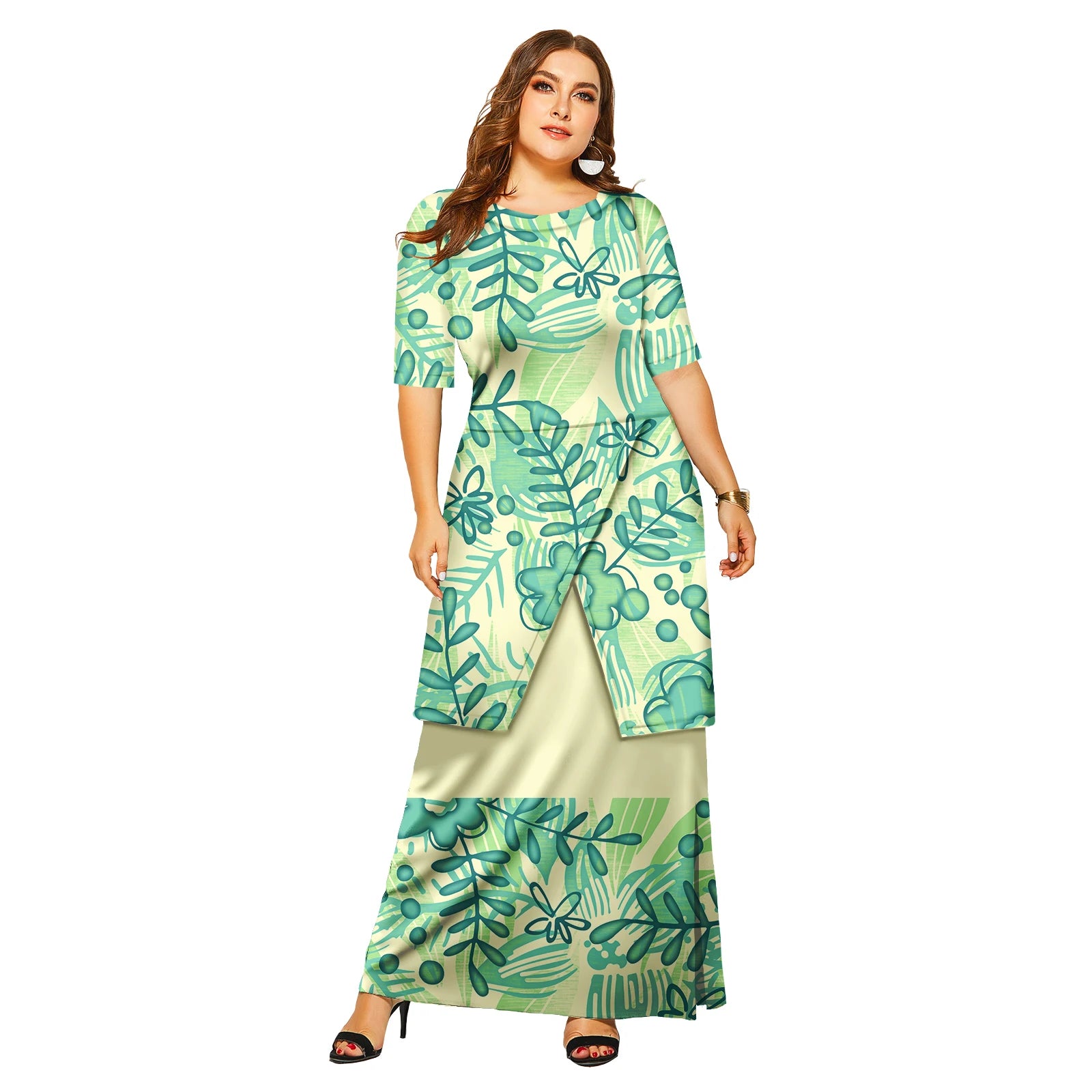 New Fashion Floral Sleeve Elegant Women Long Dress Pacific Island Hawaiian Beach Wear Puletasi Dresses