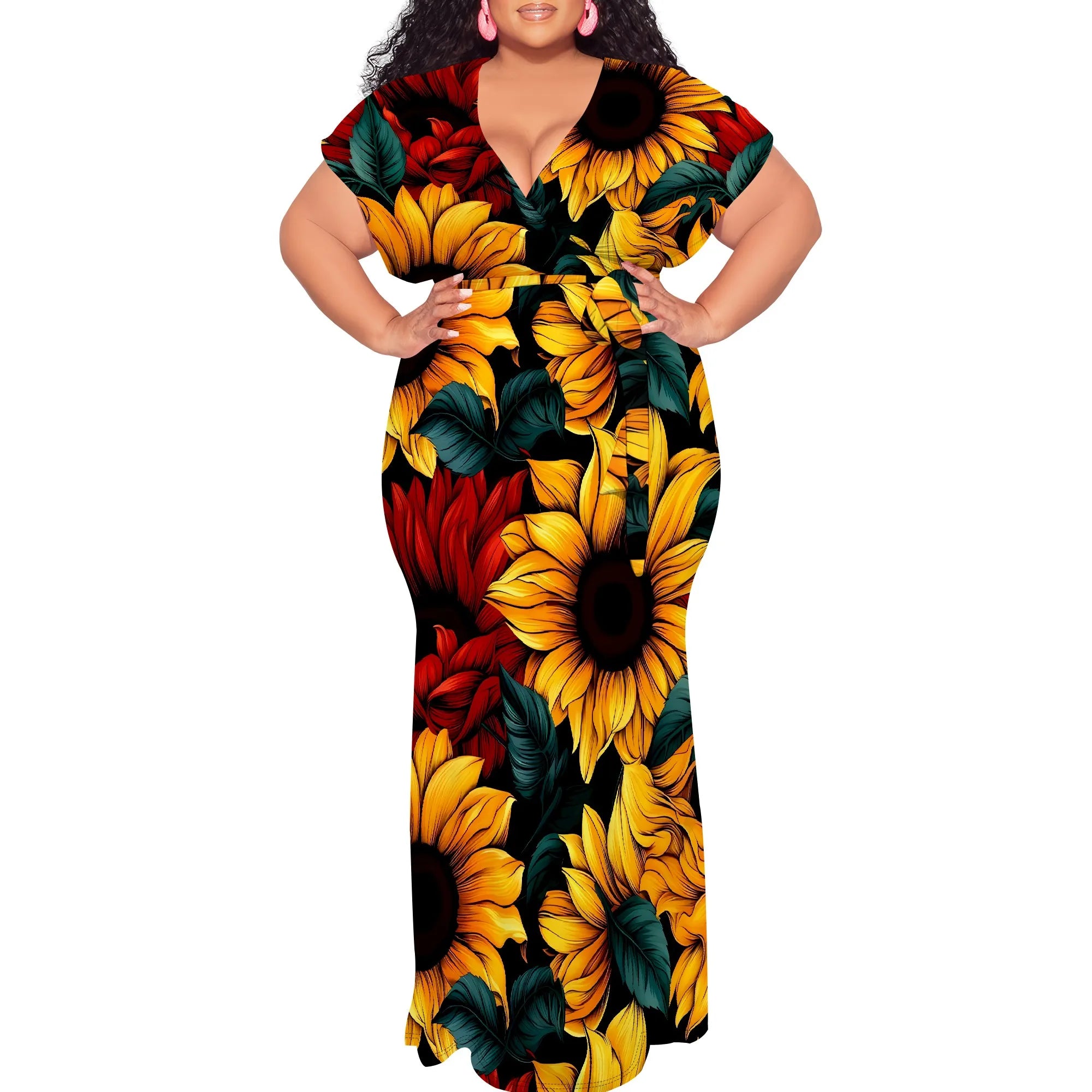 Plus Size Floral Print Maxi Dress V Neck Summer Casual Elegant Long Dress for Women