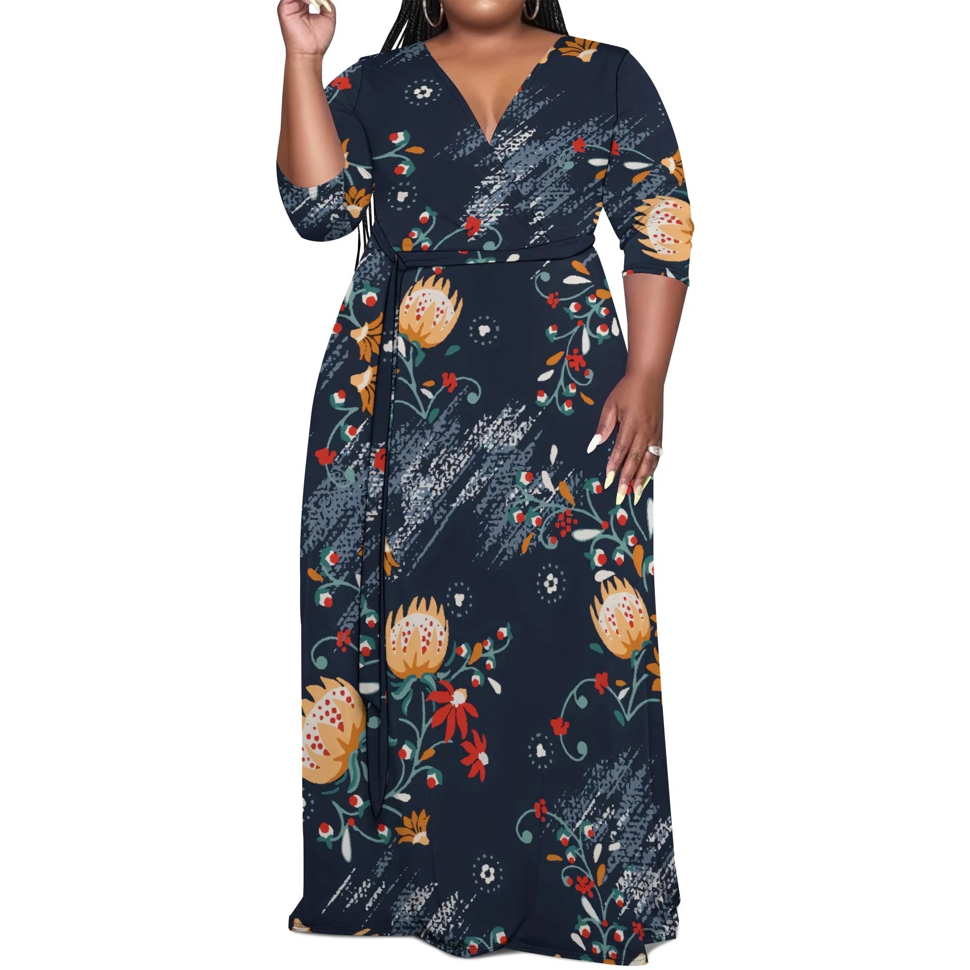 Plus Size Women's V-Neck Half Sleeve Abstract Floral Maxi Dress Elegant Summer Vacation Dress