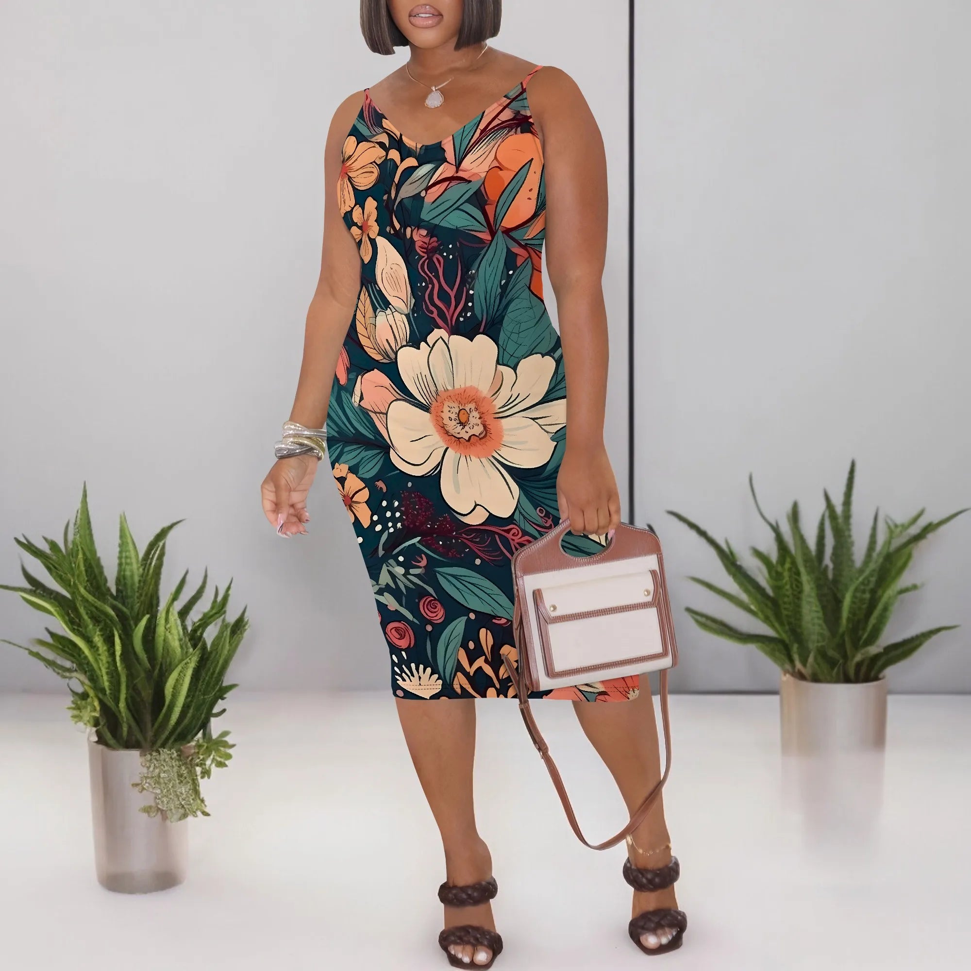 Summer Floral Spaghetti Strap Bodycon Midi Dress for Women Sexy Sleeveless Sundress Beach Vacation Wear