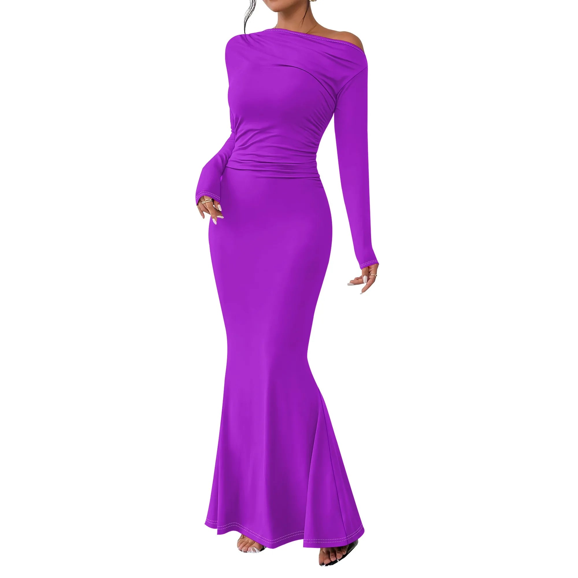 Women's Crew Neck Ruched Bodycon Maxi Dress Long Sleeve Slim Fit Elegant Flared Evening Cocktail Party Dresses