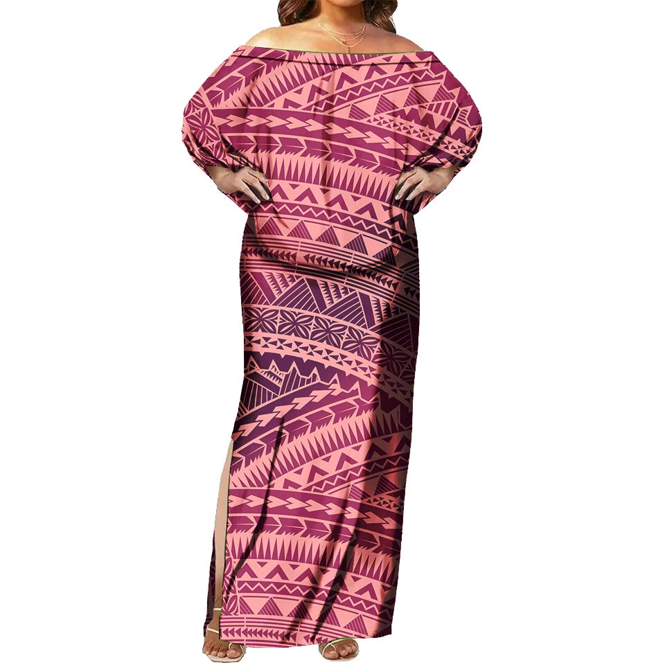 Tapa Tribal Design Sexy off Shoulder Sleeveless Dress Tropical Floral Print Polynesian Fashion Maxi Dress Tight