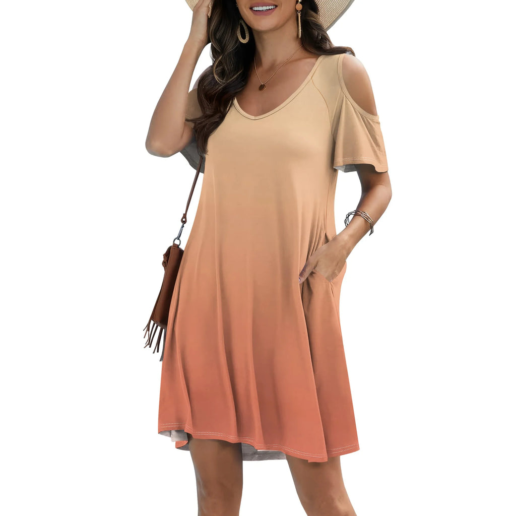 Vestido estilo camiseta de manga corta con hombros descubiertos, escote en V y bolsillos para mujer, talla grande 