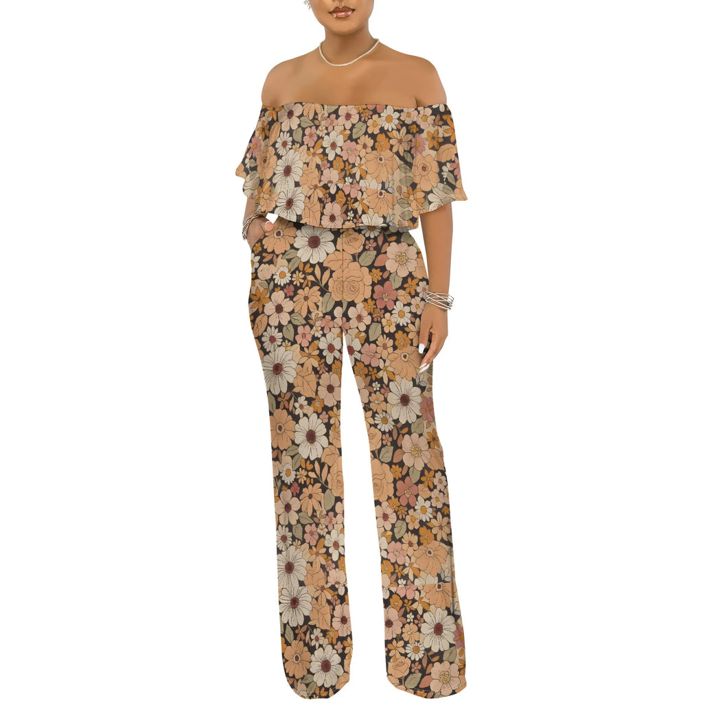 Off Shoulder Tube Top Ruffle Floral Print Jumpsuits for Women Wide Leg Pants Club Party Outfits Jumpsuit with Pockets